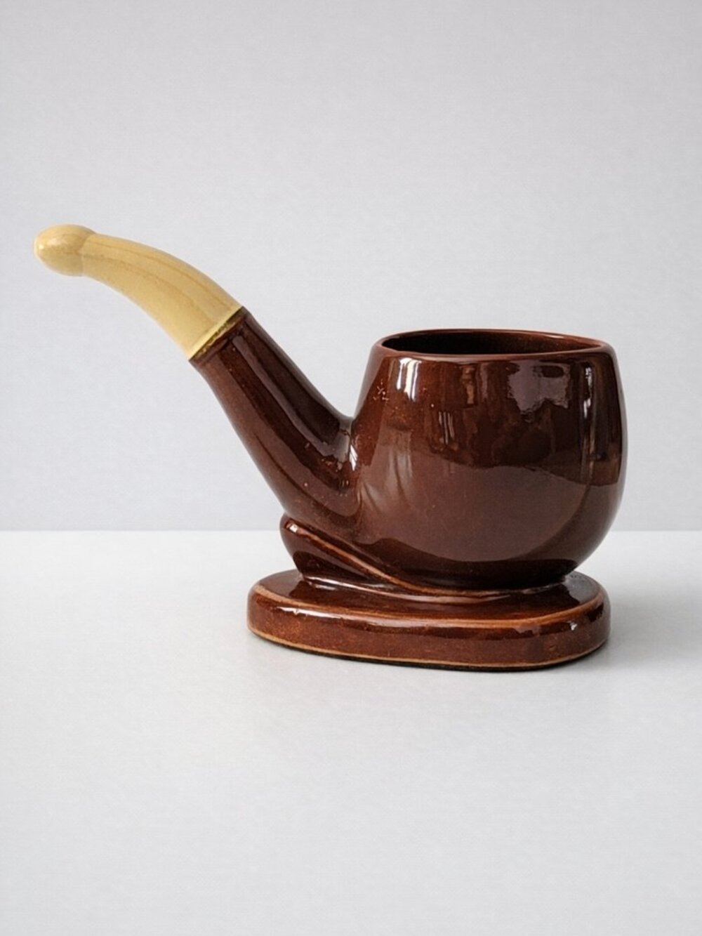 Vintage Ceramic Pipe‑Shaped Mug Pencil Holder 60s-70s Brown Glaze 7" Tobacciana